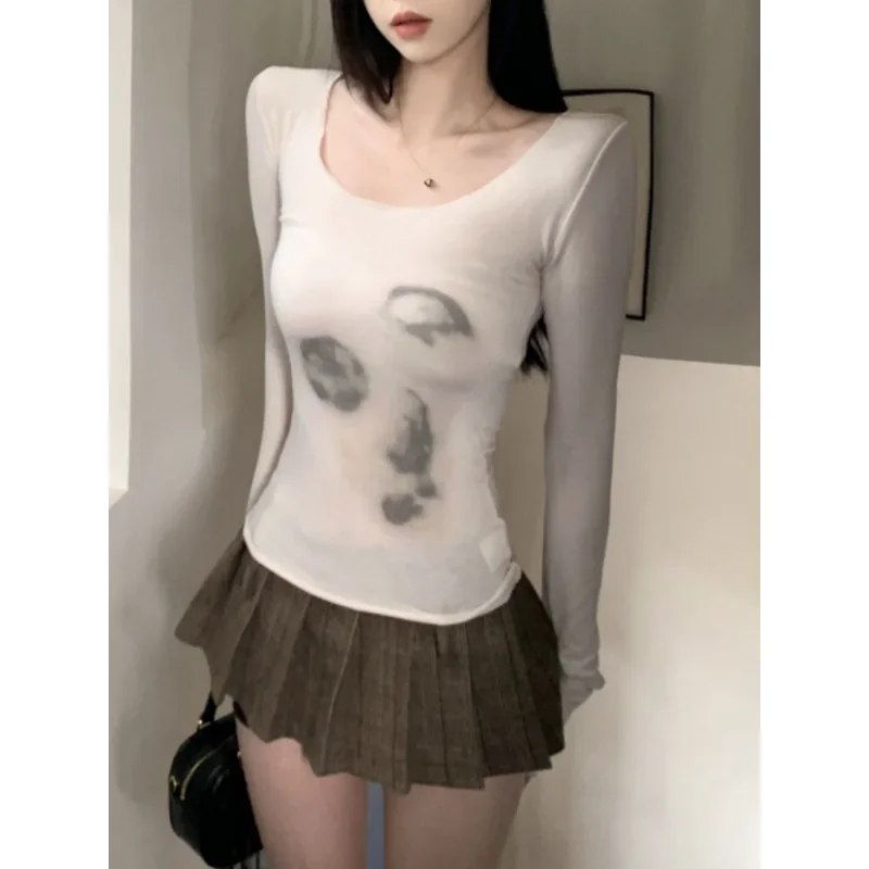 2024 Spring for Women Tops Korean Style Retro Tie-dyed T-Shirt Long-sleeved Elastic Tee Shirt