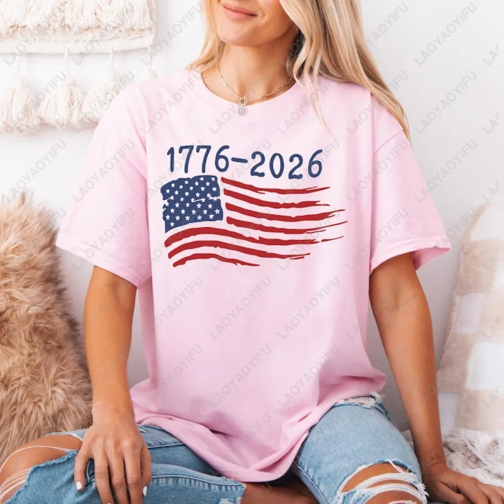 

1776-2026 Patriotic T-Shirt Distressed American Flag Graphic Casual Tee Breathable Cotton Crewneck Vintage USA Pride Print