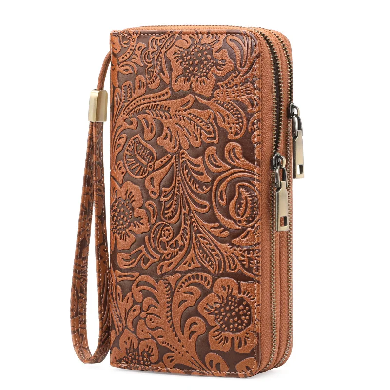 Western Embossed PU Leather Double Zipper Women Wallet Large Capacity Bohemian Phone Bag Coin Purse for Ladies