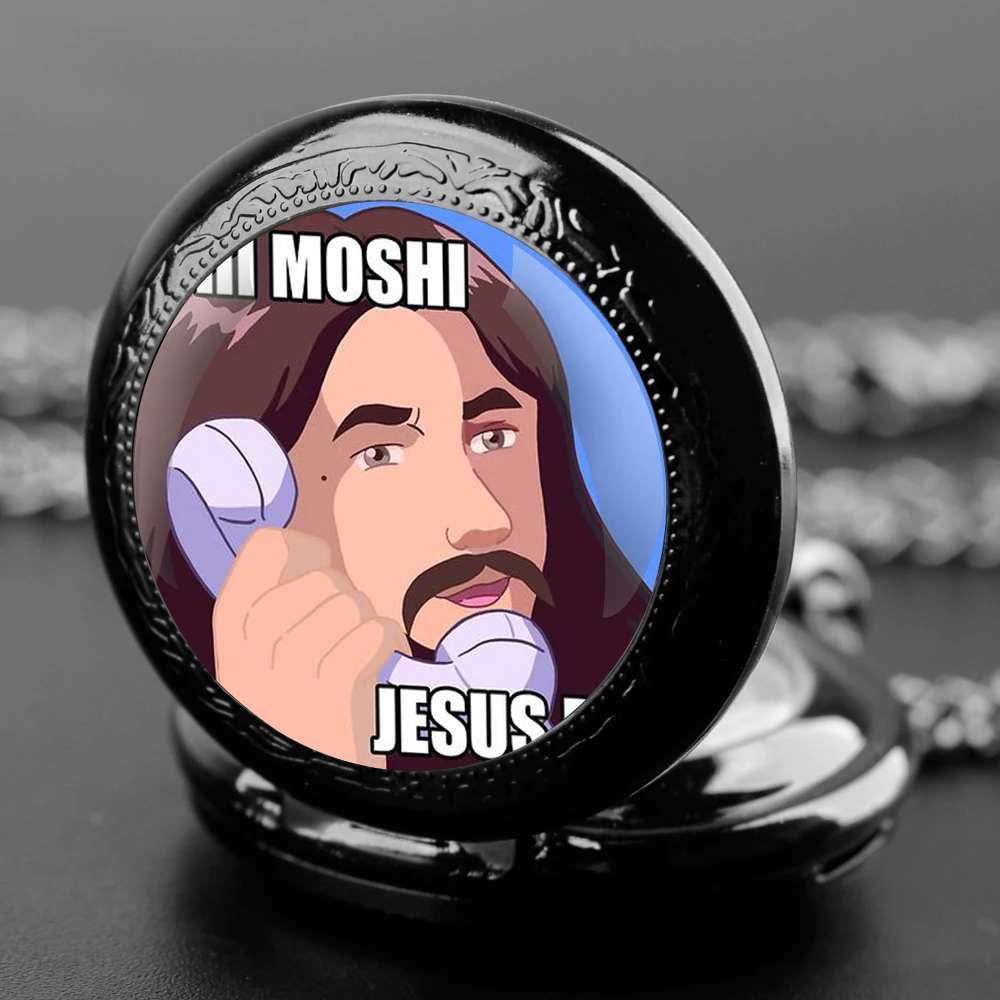 

Moshi Moshi Jesus Desu Glass Dome Unisex Arabic Numeral Quartz Pocket Watch Women Man Necklace Pendant Accessory with Chain Gift