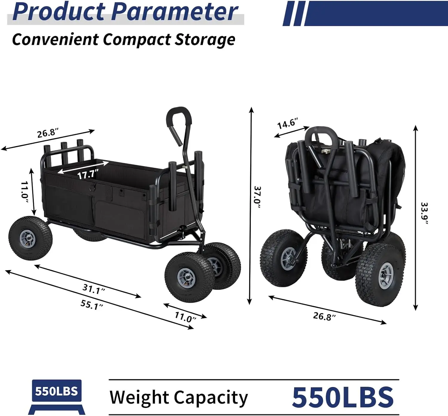 Rybaření žebřinový vůz pláž skládací vagonek w/11'' all-terrain kol, sad žebřinový vůz s táhlo držáky, déštník držák a úložný kapes