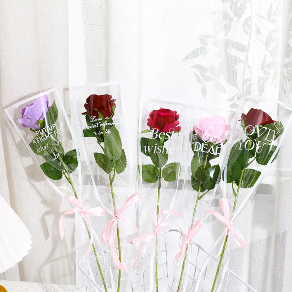 50pcs LOVE Transparent Rose Packaging Bags Flower Bouquet Plastic Bag Bouquet Wrapping Paper One Straight Bag Flower Packaging