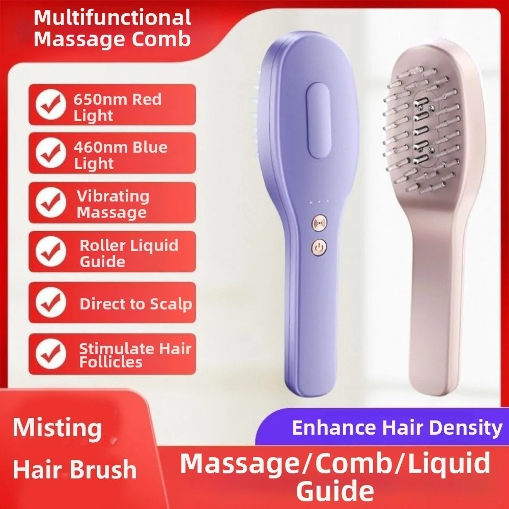 2-In-1 Electric Spray Hair Brush Anti-Static Electric Misting Misting Hair Brush Reduce Frizz Red Blue Light Scalp Massage Comb