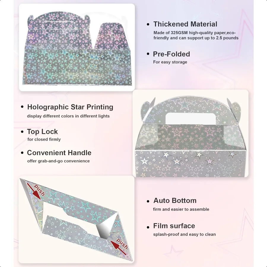 Iridescent Star Party Favor Treat Box 24pcs Holographic Gable Boxes for Candy Snacks Gifts Shiny Goodie Boxes for Birthday part