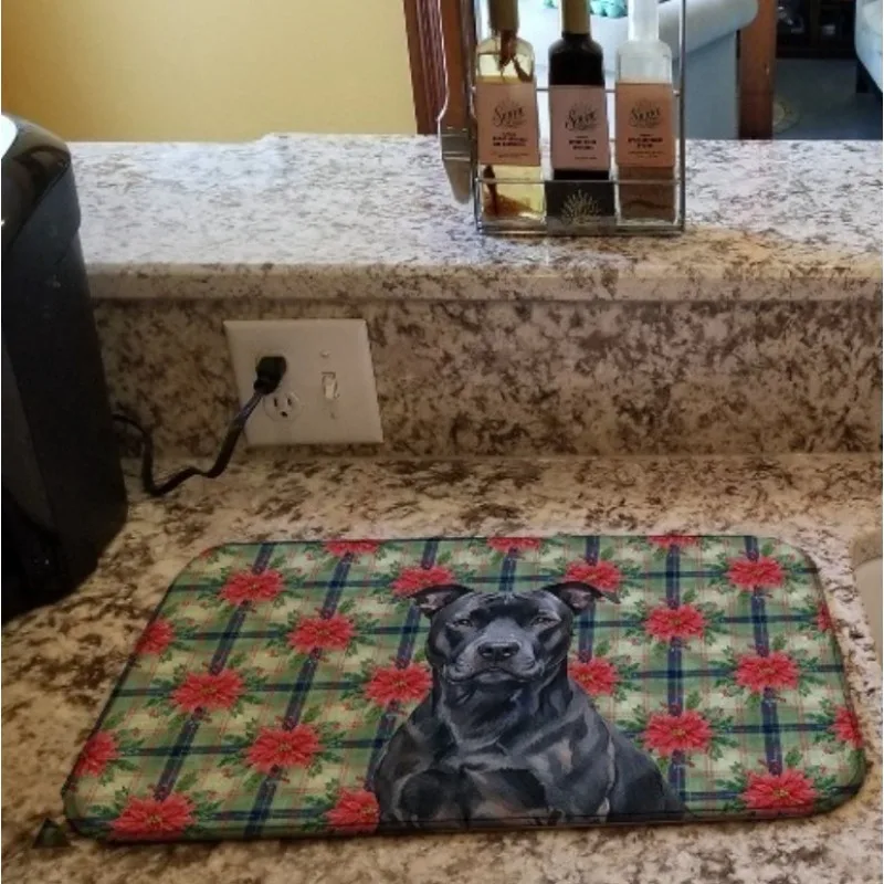 

Черный американский стаффордширский терьер Рождественский коврик для сушки посуды Пуансеттия 14x21 дюймов впитывающий кухонный коврик