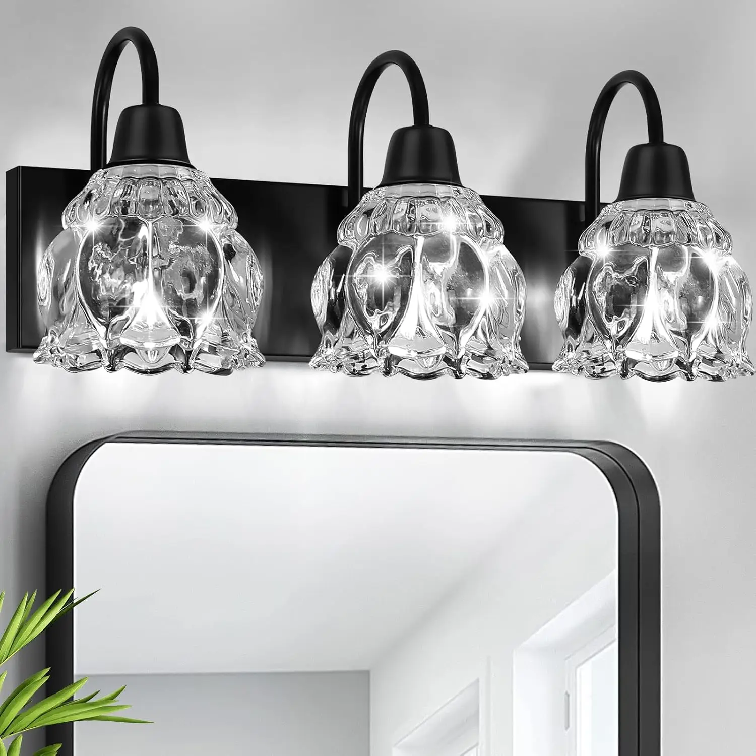 3-Light Bathroom Light Fixtures, Black Modern Bathroom Vanity Lights With Flower Glass Shade, Bathroom Wall Lamp For Mirror