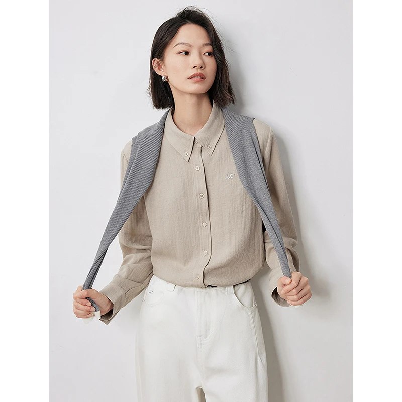 TOYOUTH Women Blouse Shirt 2024 Autumn New Turn Down Collar Long Sleeve Linen Embroidered Office Lady Work Wear Blouse Tops