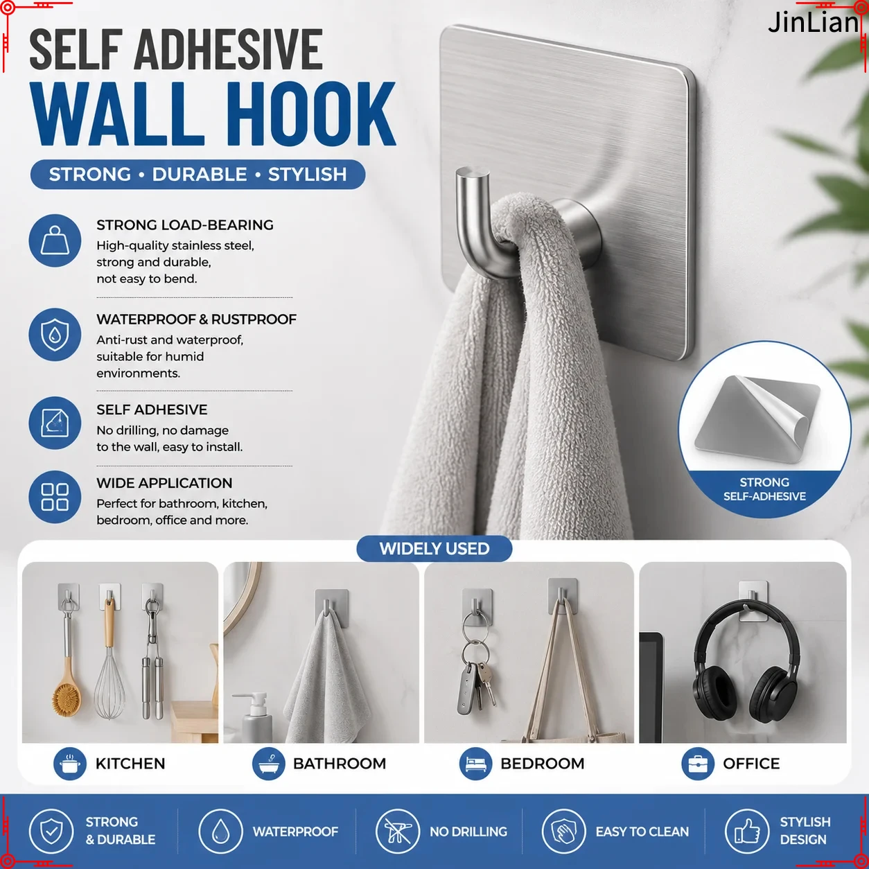 `Heavy‑Duty Rustproof Stainless‑Steel Over‑Door Adhesive Hooks, 3M Sticky Wall Hook for Hanging Towel, Robe & Coat Bathroom Kitc