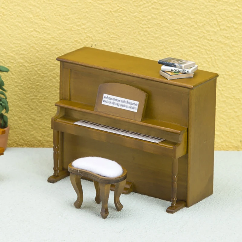 1:12 Dollhouse Mini Wooden Piano With Stool Kit Miniature Model Set DIY Doll House Musical Instrument Bedroom Decor Accessories