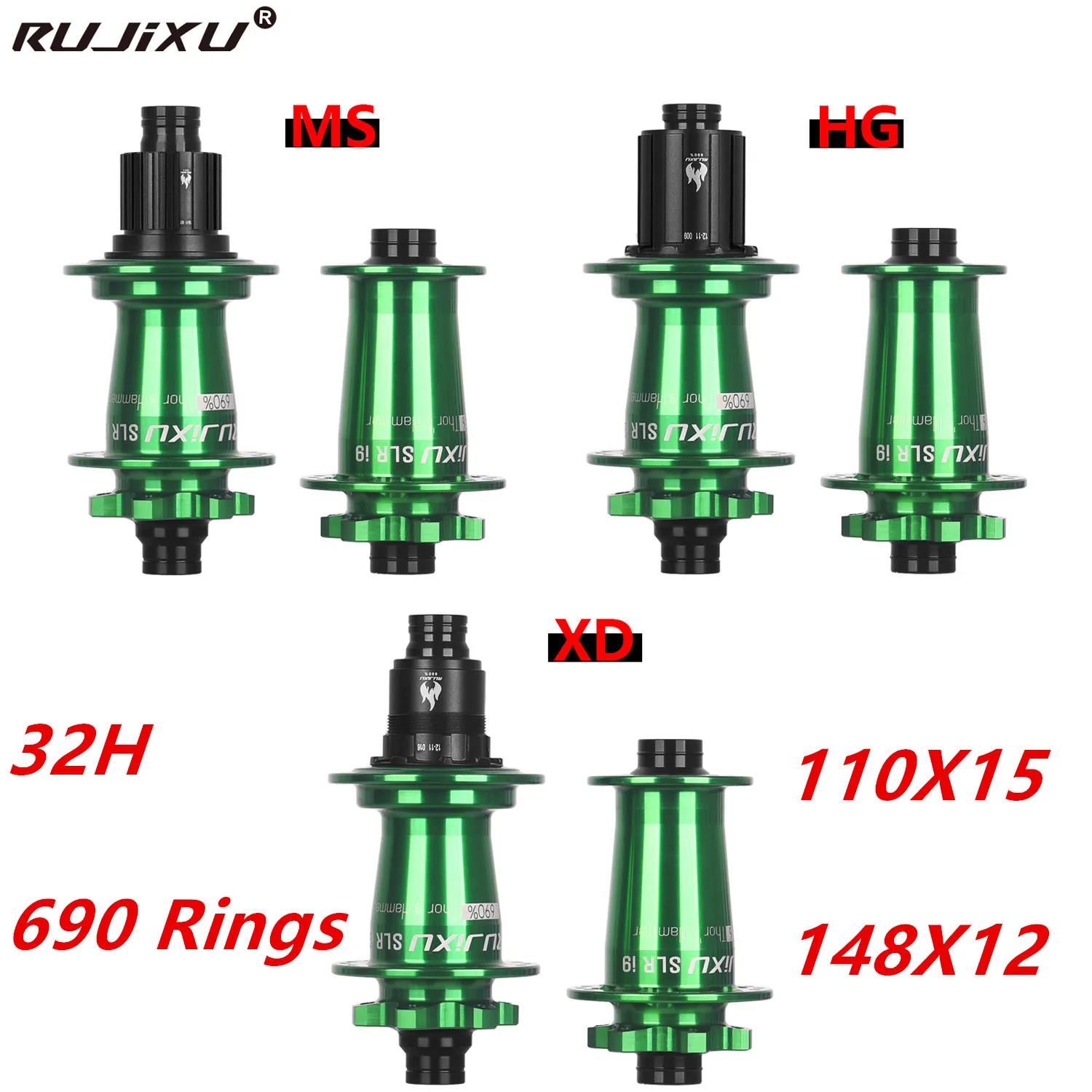 Green 690 rings RUJIXU SLR i9 Bicycle Hub Sealed Bearing 6-bolt Disc Brake J-Bend 32 Holes BOOST MTB Hub HG XD MS148*12 110*15