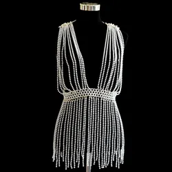 New hand-woven pearl harness bra fringe long skirt body chain