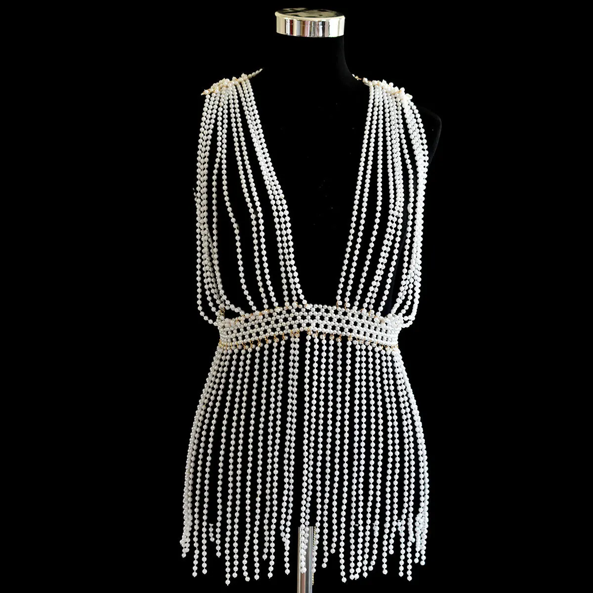 New hand-woven pearl harness bra fringe long skirt body chain