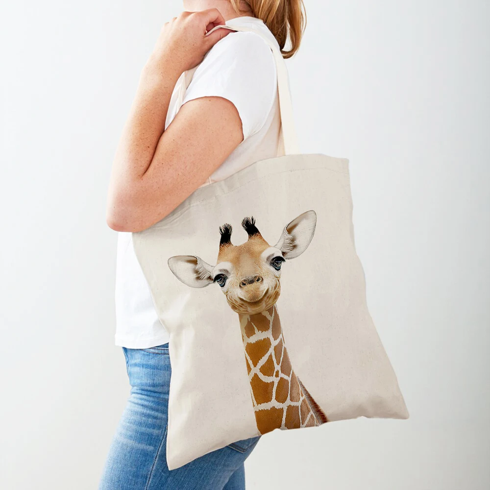 Bunny Rabbit Elephant Giraffe Bear Travel Tote Lady Handbag Shopper Bag Double Print Animal Canvas Women Shopping Bags