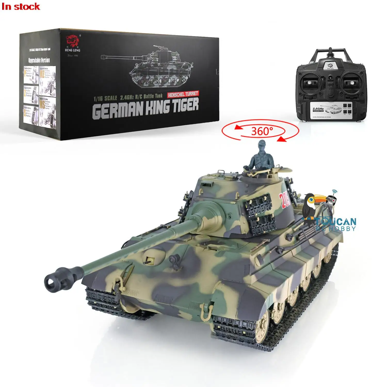  HENG LONG 1/16 7.0 Plastic King Tiger RC Tank 3888A 360° Turret Barrel Recoil Speaker BB Shooting Smoke Machine Gun Toy