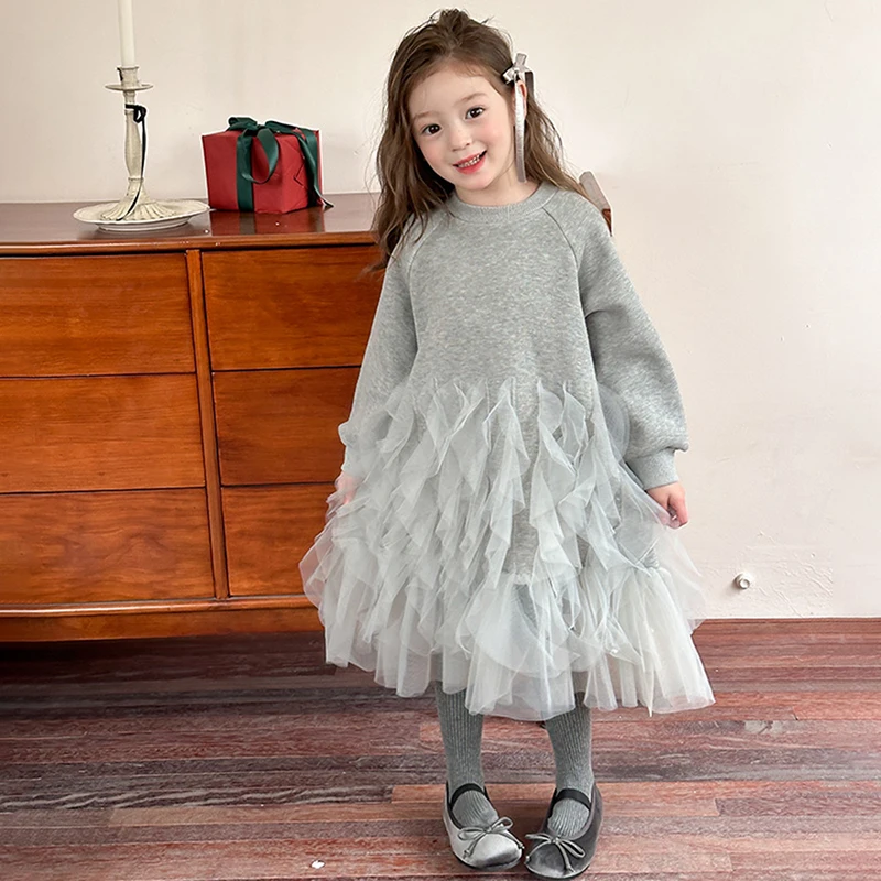 Winter New Girls Warm Fleece Princess Dress Fashion Child Ruffle Tulle Mesh Splicing Long Sleeve Sweatshirt Fairy Outfit Clothes