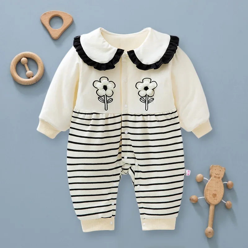 

Newborn Baby Romper 2024 Winter Floral Stripe Thicken Cotton Jumpsuit Infant Fleece Lining Turn Down Collar Onesie for Girls