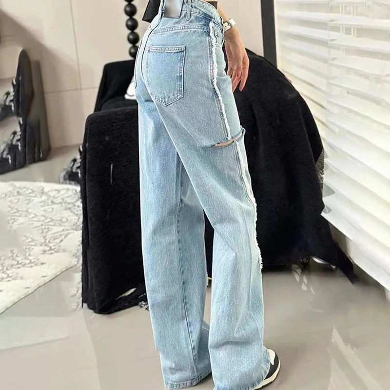 High Waist Women Jeans Luxury Brands 2023 Summer New Fashion Retro Broken Hole Design Pants Loose Casual Straight Leg Pants