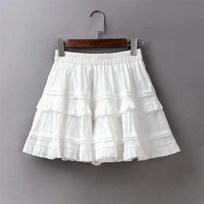 

2024 Summer Women High Waist Half Skirt Fairycore White Black Casual A-line Pleated Cake Skirt Female Mini Umbrella Skirts