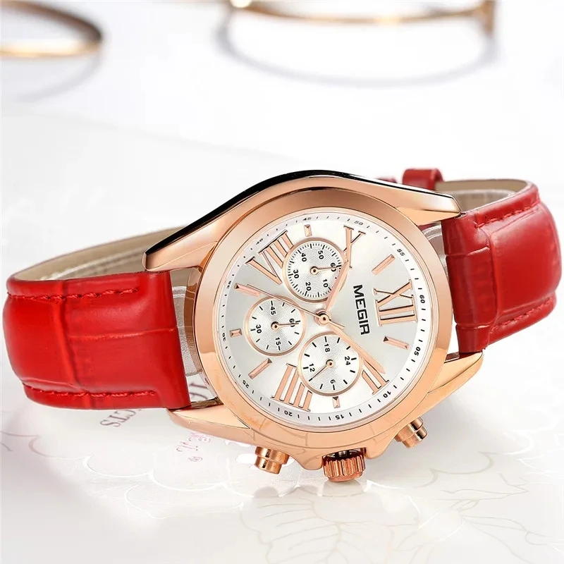 MEGIR-Montres à Quartz en Cuir group pour Femme, Mode Rétro, Rose Rouge, Multifonctionnel, Calendrier, Chronométrage, 2114