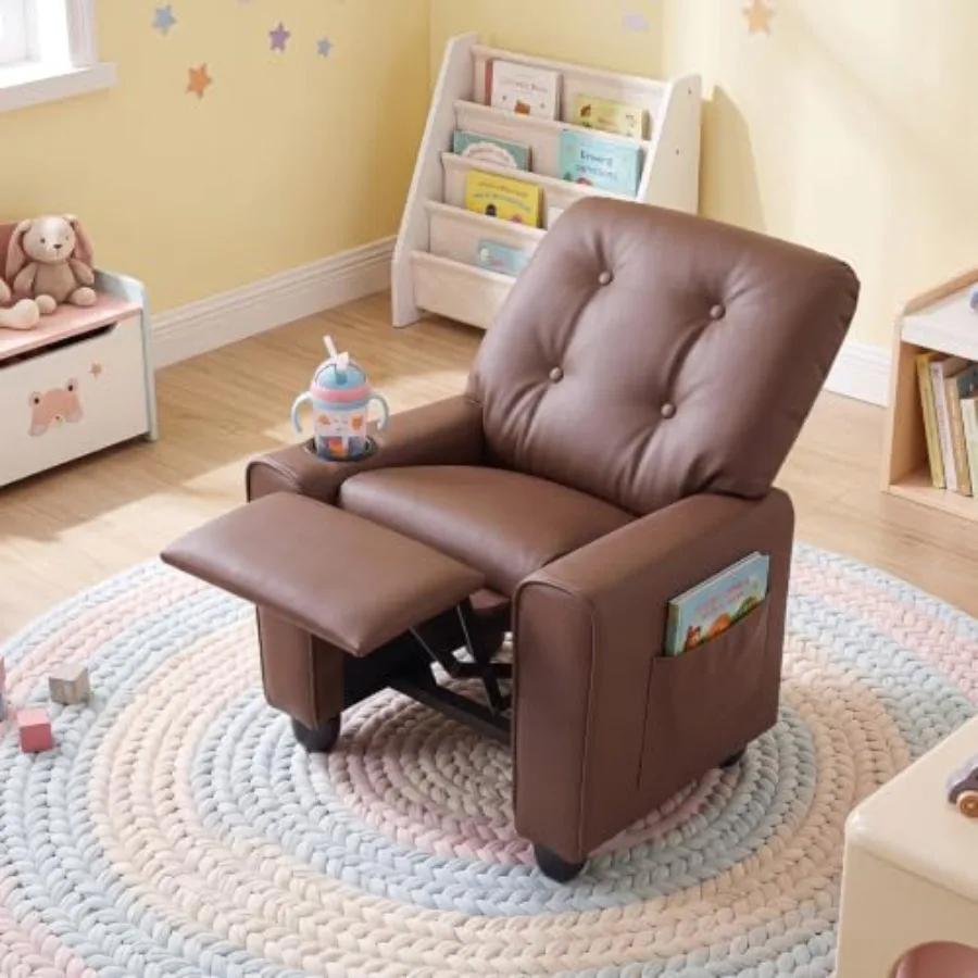 Recliner Chair for Ages 3+, PU Leather Toddler Sofa in Beige with Ergonomic Support and Easy-Clean Surface