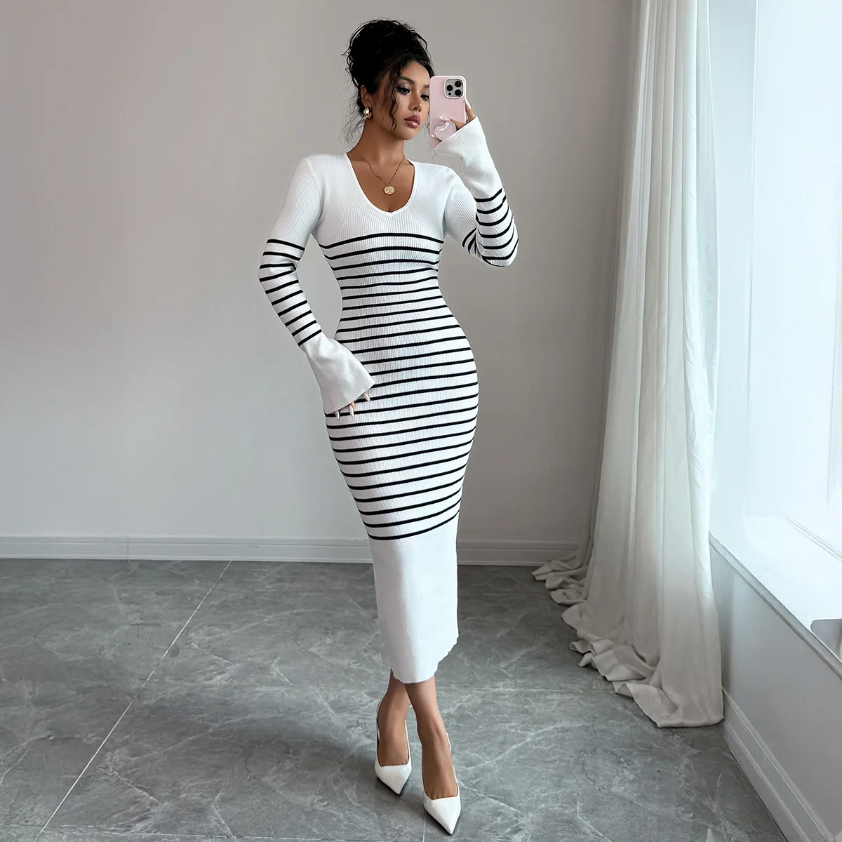 

Women's Dress Best Seller White Black Stripe V Neck Long Sleeve Bodycon Midi Dress Office Daily Party Casual Slim Fit Dress