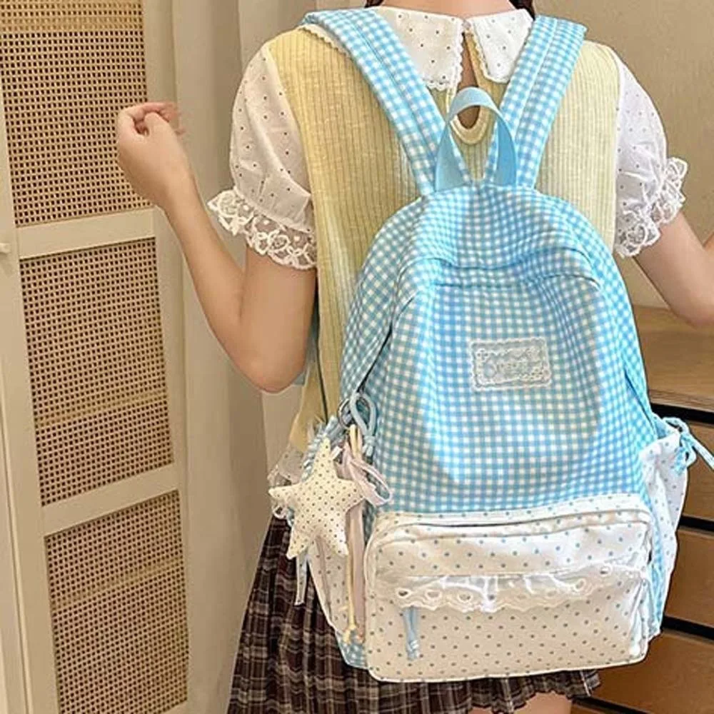 Korean Style Plaid Backpack Pastel Color Lightweight Lace Schoolbag Ruffle Design Zipper Closure Gingham Daypack Comic Con Otaku