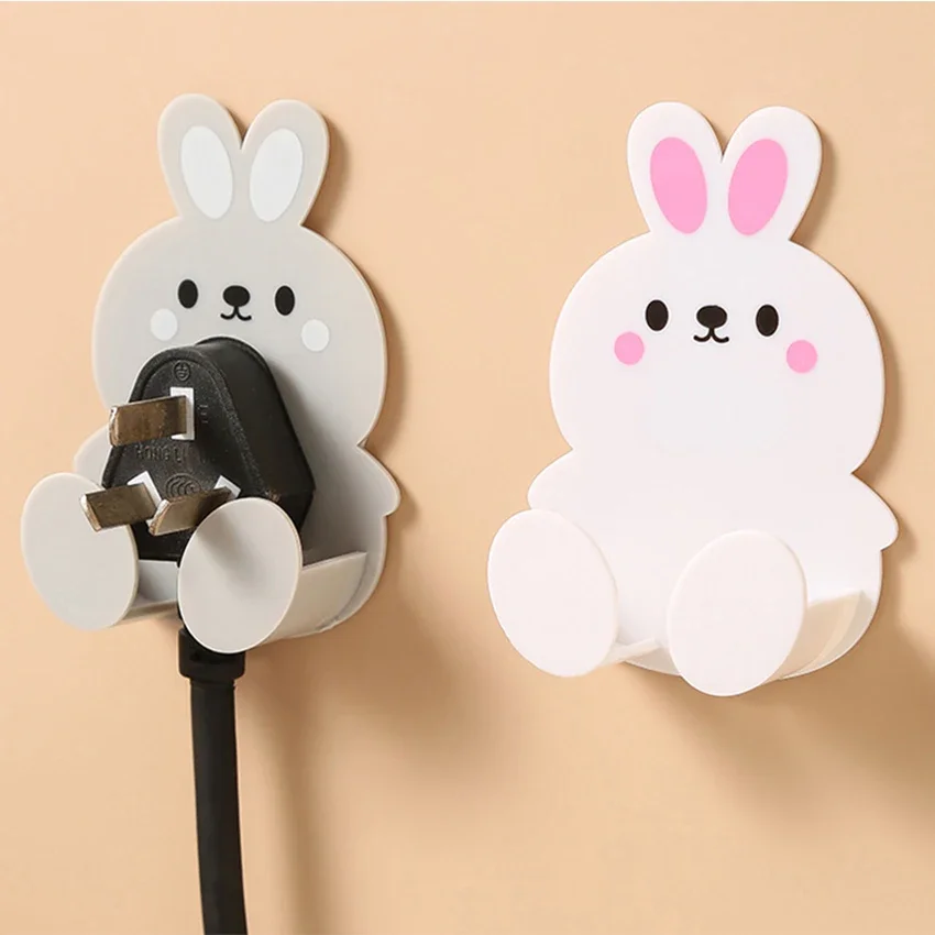 Cute rabbit plug key hook kitchen wall hole free hook living room phone charging rack multifunctional decorative hook