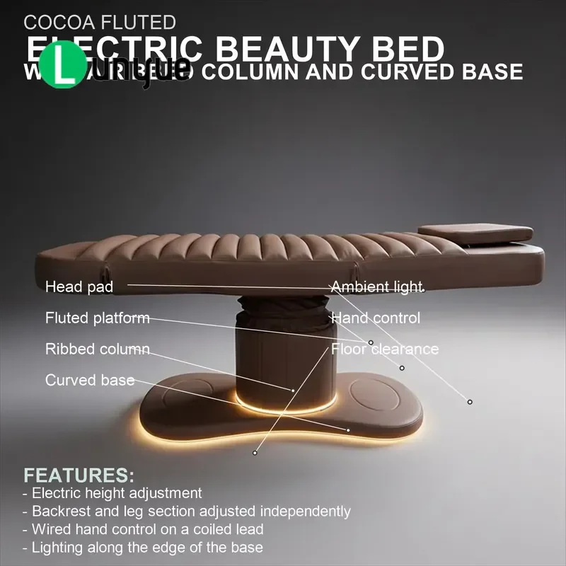 Electric Beauty Bed with Rose Pattern Gold Pillar Rectangular Base Manual Retractable Leg Rest Adjustable Height for