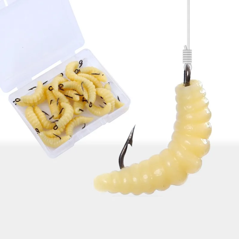 10/15/20/25PCS BOX Hooked Mealworm Soft Bait 2cm Bio-Mimetic Maggot Soft Bait for Crucian Carp Common Carp Whitebait&Black Bass