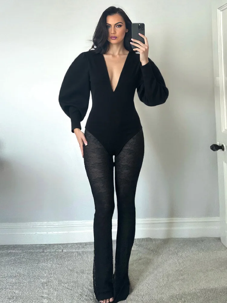 Kliou Sexy Fashion Bodysuits Woman Autumn Trend Low-Neck Puff Sleeve Skinny Stretch Hot Girls High Street Style Classic Bodycon