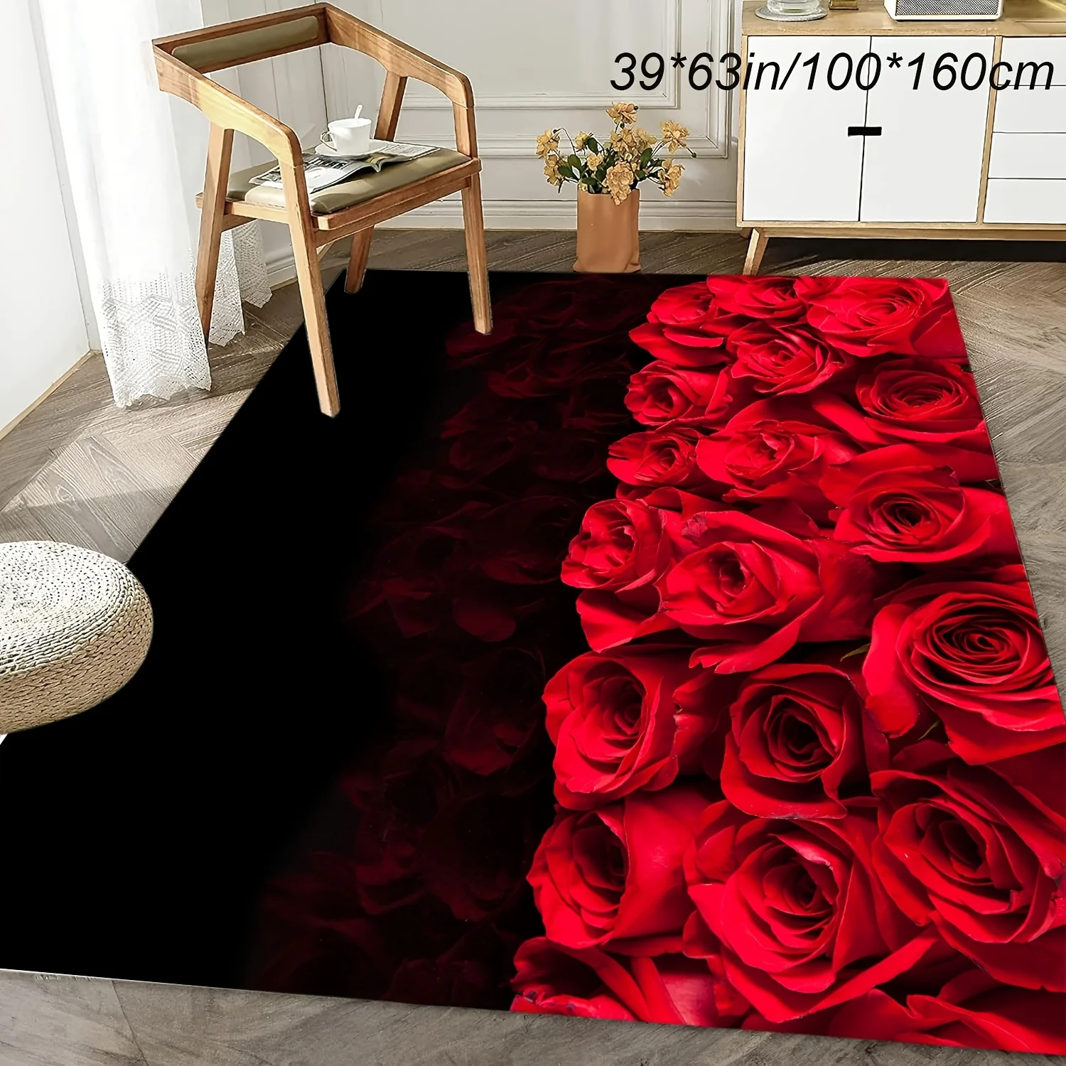 1pc Black Background Red Rose Area Rug, Romantic Floral Decor Mat for Living Room, Bedroom
