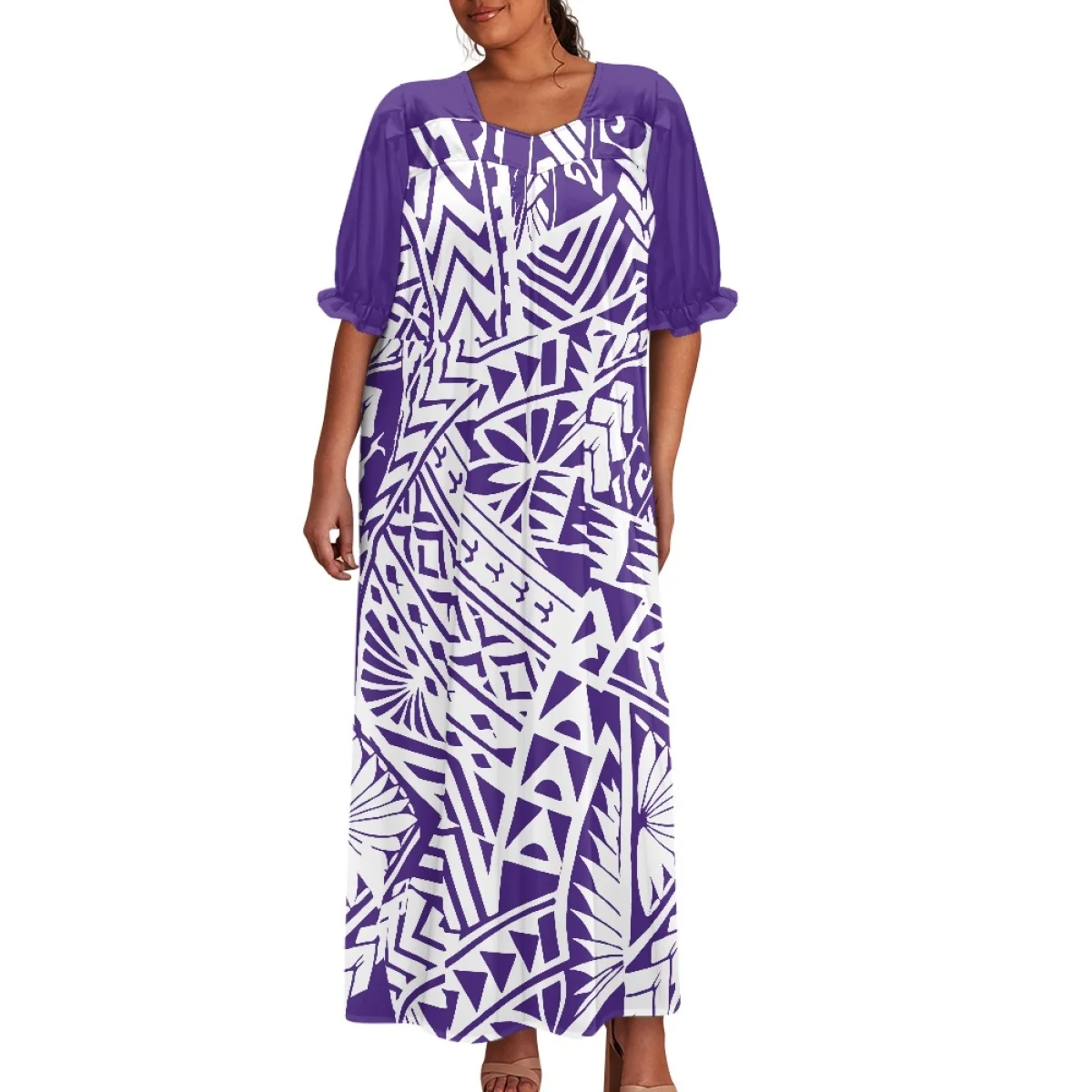 Polynesian Tribal Clothing Samoa Purple Square Neck Casual Light Chiffon Dresses Summer Puff Sleeve Loose Maxi Dress For Women