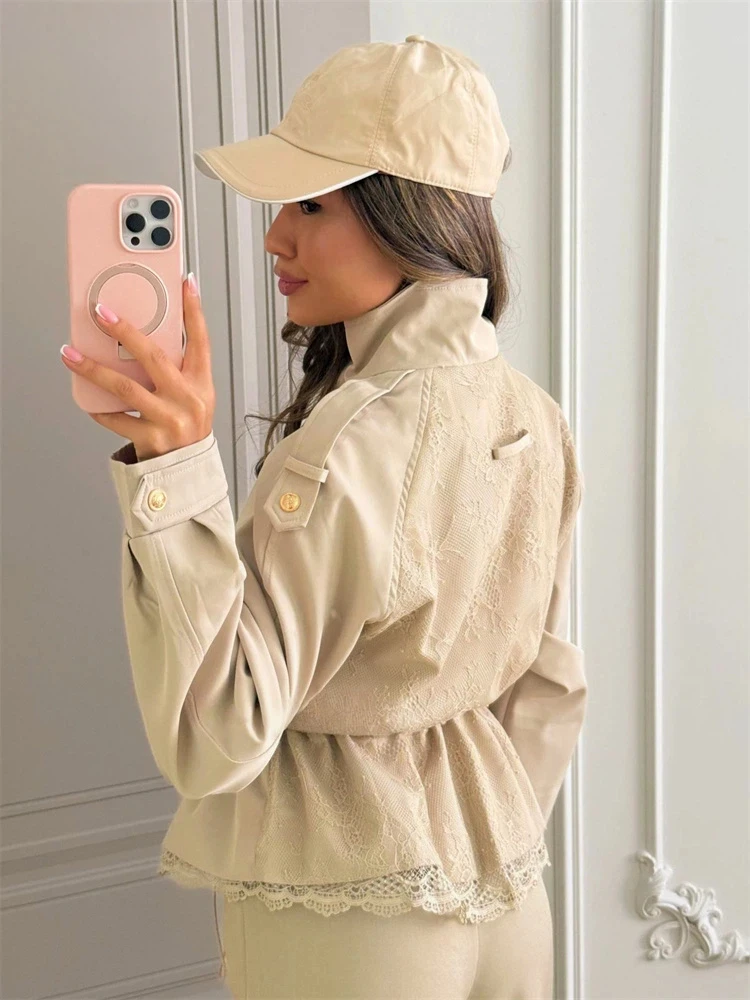 Solid Lace Splice Fashion Windproof Jacket Autumn Drawstring Slim Stand Neck Outwear Versatile Retro Office Ladies Women Coats