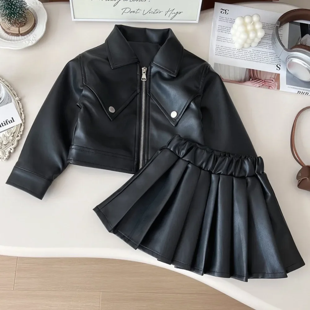 Korean Style Little Girls Fall 2 Pcs Clothes Set Leather Zip Jacket Elastic High Waist Pleated Mini Skirt Children Cool Outfit