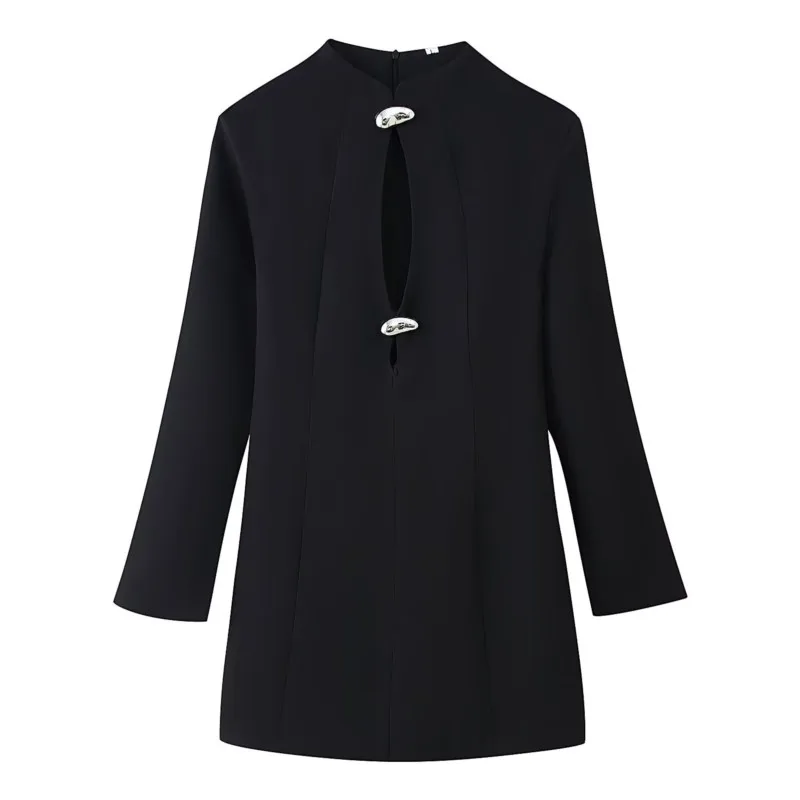 Chic Cutout Black Dress 2026 Metal Button Long Sleeve Mini Dress Sexy Avant-Garde High Street Party Clubwear Elegant Dress