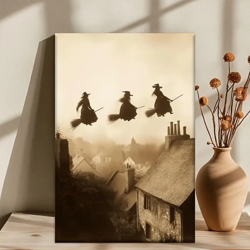 

Retro Witch Flying Over Village Canvas Art Print Unframed Wall Decor, for Bedroom, Living Room, Office, Cafe, Ideal Holiday Gift