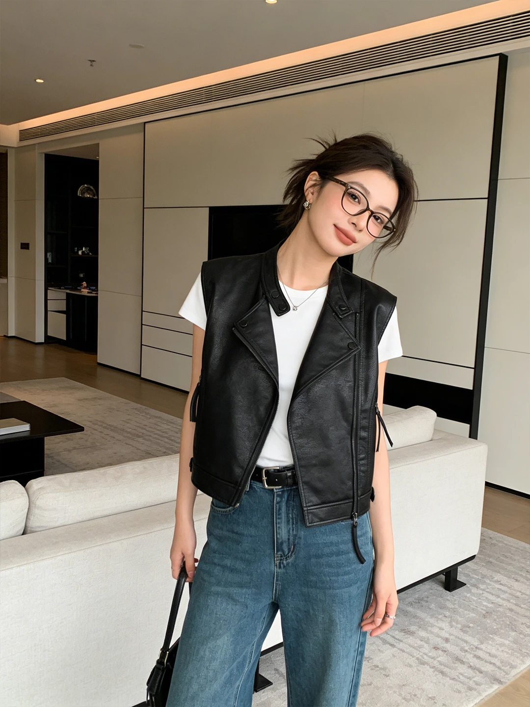 

Versatile Early Spring PU Leather Svel Jaet Vest Outerwear Layering ort Top Women's Casual Sle Stand Fit ket