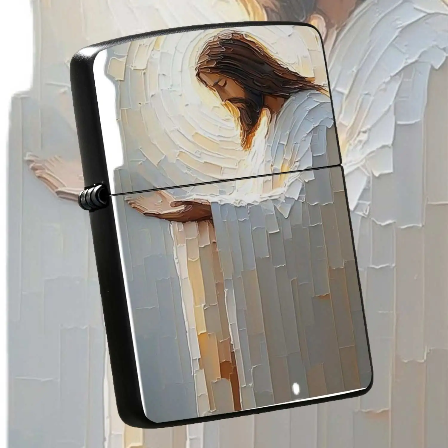 Flip-Top Pocket Windproof  Lighter, Featuring Retro Impasto Oil Painting Jesus Image on Body, Portable and Durable, Suitable for Daily Collection, Outdoor Emergency Use, a Portable Ignition Tool Combining Artistic Te