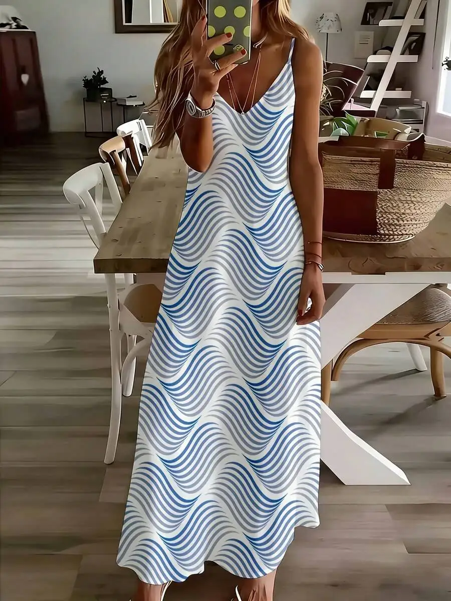 

Blue And White Wave Print Sleeveless Maxi Dress Spaghetti Straps V Neck Flowing Summer Women Dress