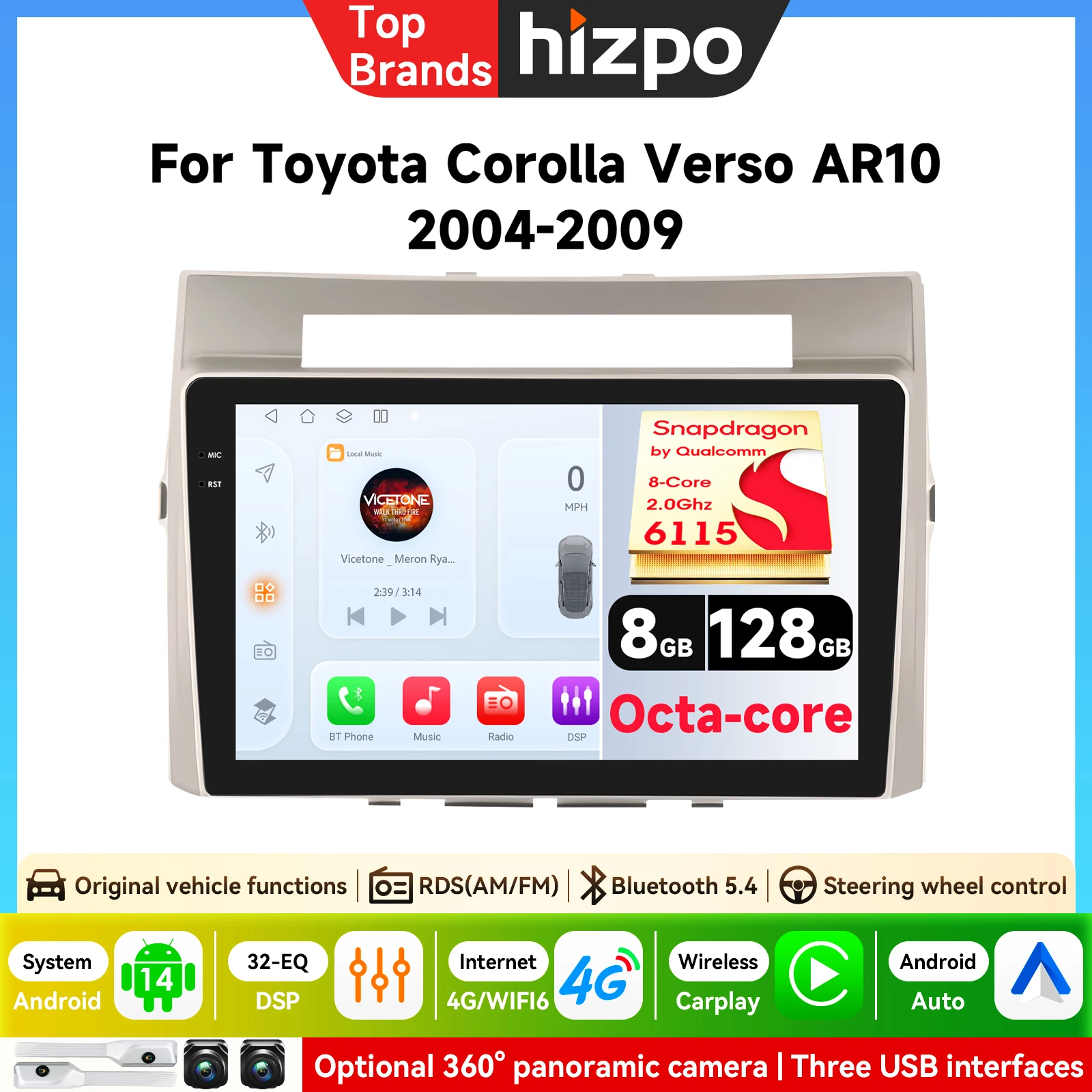 Hizpo 9'' 6115 Autoradio für Toyota Corolla Verso 2004-2010 Kabelloses Carplay Android Auto 4G Auto-Multimedia-Player DSP Autoradio