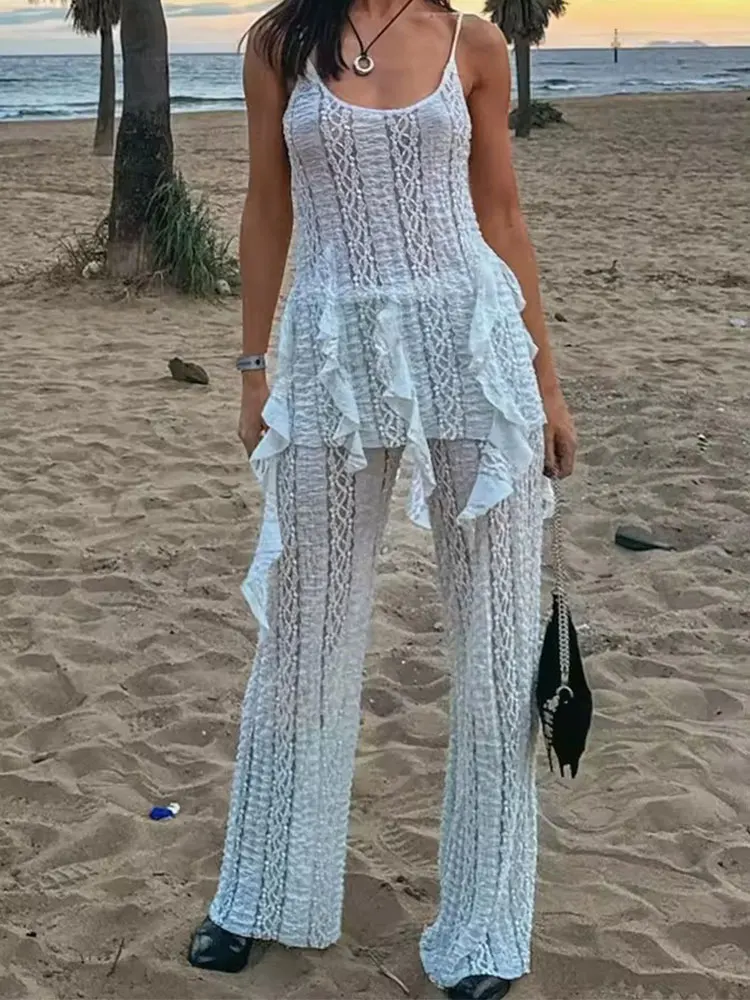 

HH Women's White Lace Two Piece Set Spaghetti Strap Fringe Cami Top & High Waist Wide Leg Pants Woman Summer Casual Beach Suit