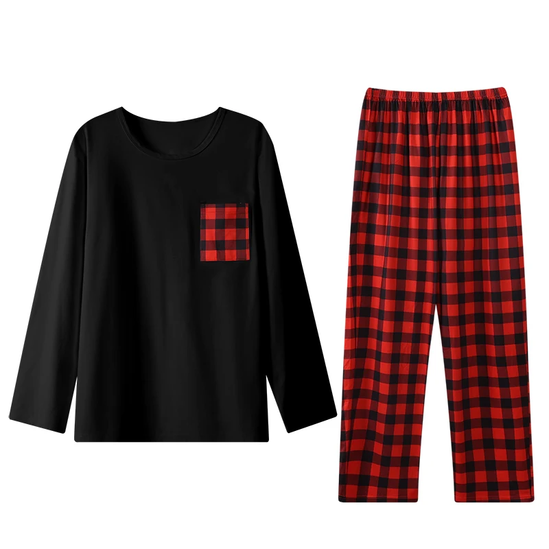 Two piece sets men\'s pajamas autumn and winter long sleeved pants checkered sleepwear set