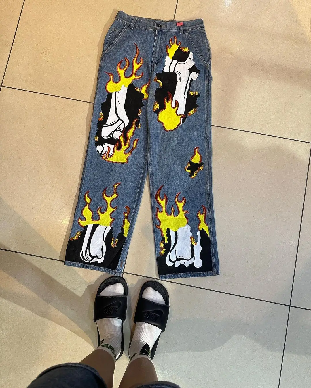 Streetwear vintage Hip Hop Y2K, Jeans Flame Skull Pattern, Rua principal, Baggy retrô, Casais Moda, Calças de basquete, Vestuário, 2021