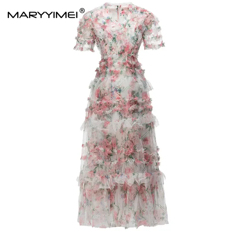 

MARYYIMEI Fashion Designer Women's dress V-neck Short sleeved Mesh Floral-Print Tiered ruffles Holiday Maxi Dresses