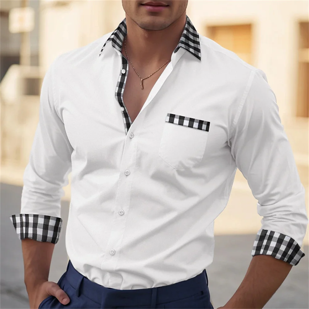 Camisa con botones para hombre, color sólido blanco y negro, puños a rayas de manga larga, cuello de solapa, bolsillo de vacaciones diarias, a la