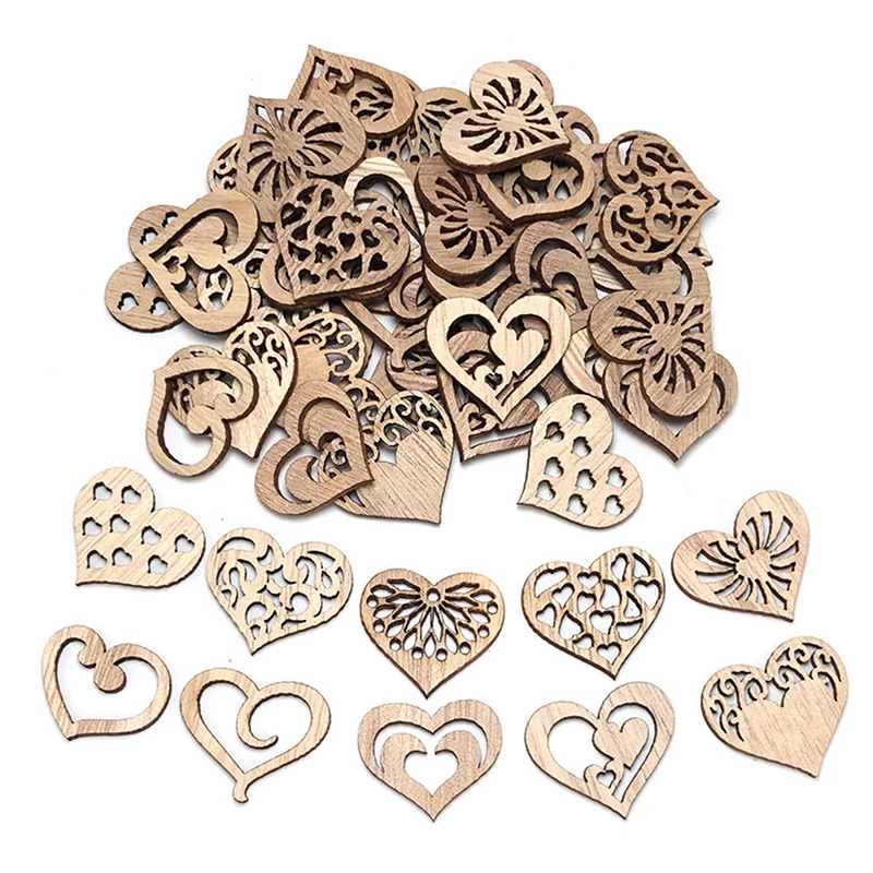 50PCS New Mixed Heart-shape Wood Hangings Love Wooden Crafts Wedding Party Decoration Birthday Valentine's Gifts Home Decor