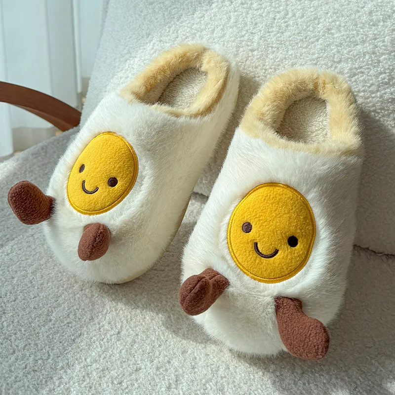 Winter Women Cotton Slippers Cartoon Cute Egg Slippers Fleece-lined New Year Festival Fleece Lined Cozy Indoor Shoes