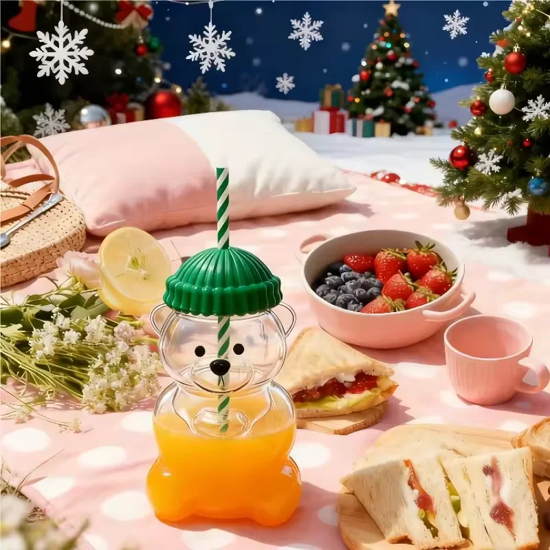 

large capacity Cute Bear Glass Cup 500ML 2025 New Christmas Gift Durable Convenient for Coffee Beer Wine Cocktails Straw Mug
