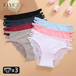FINETOO 3PCS Women Lace Floral Underpants Sexy Triple Belts Panties Female Low-Waist Perspective Briefs Soft Lingerie Underwear