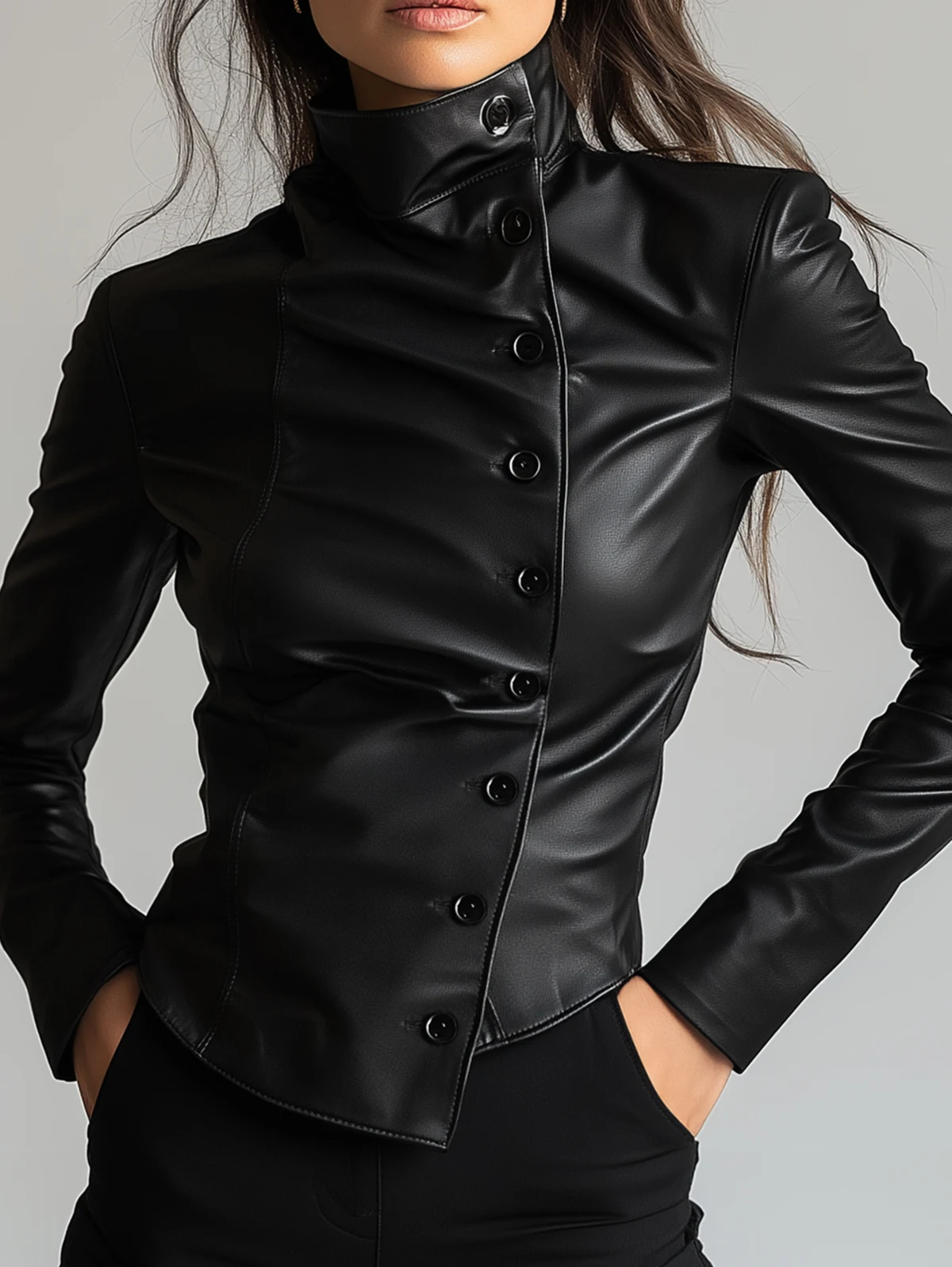 Women's Elegant PU Leather Shirt Oblique Button High Collar Long Sleeve Fashionable Leather Street Fashion Women's Clothing